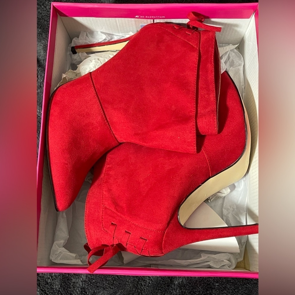 ShoeDazzle Nathaly Red High Heel Boots, Red Ribbon Lace Up Booties, Pointed Toe - Picture 2 of 6